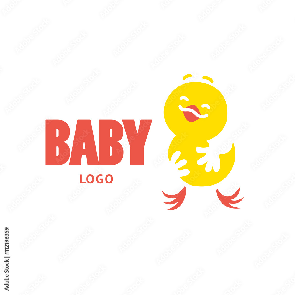 Obraz premium Vector simple flat kid logo. Baby, child company goods, toys shop, store, sweet shop, candy bar logo. Happy chicken with big head icon.