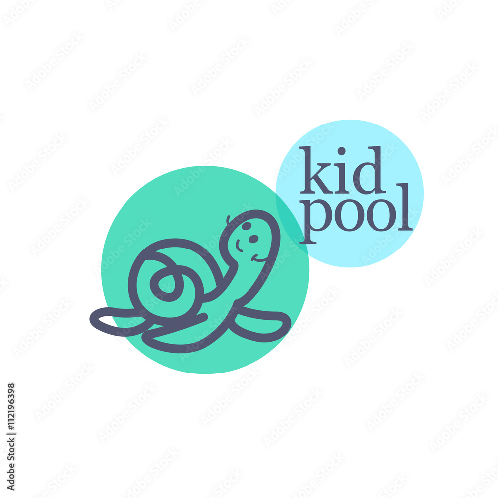 Obraz premium Vector simple flat kid logo. Baby, child company goods, toys shop, store, sweet shop, candy bar logo. Friendly smiling little turtle icon. Animal character. Swimming pool for kids logo