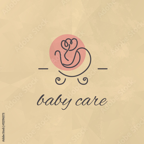 Vector simple flat kid logo. Baby, child company goods, toys shop, store, sweet shop, candy bar logo. Stroller icon, pink flower icon isolated.