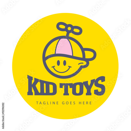 Vector simple flat kid logo. Baby, child company goods, toys shop, store, sweet shop, candy bar logo. Human icon. Children icon, happy boy in hat character. Smiling kid flat portriat