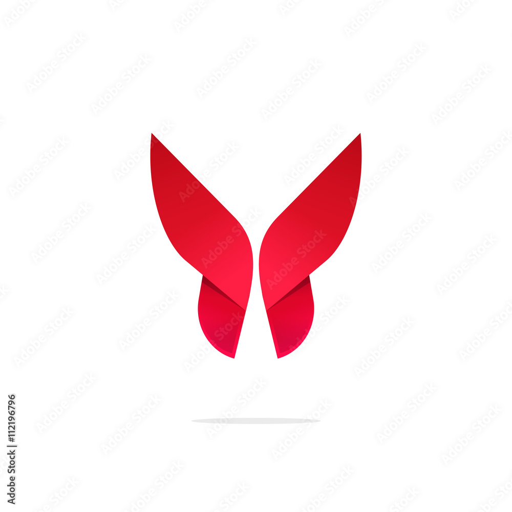 Butterfly colorful logo template with shadow on wings. Abstract red butterfly gradient shape. Beautiful creative vector butterfly logotype, icon design for business card, brand or identity