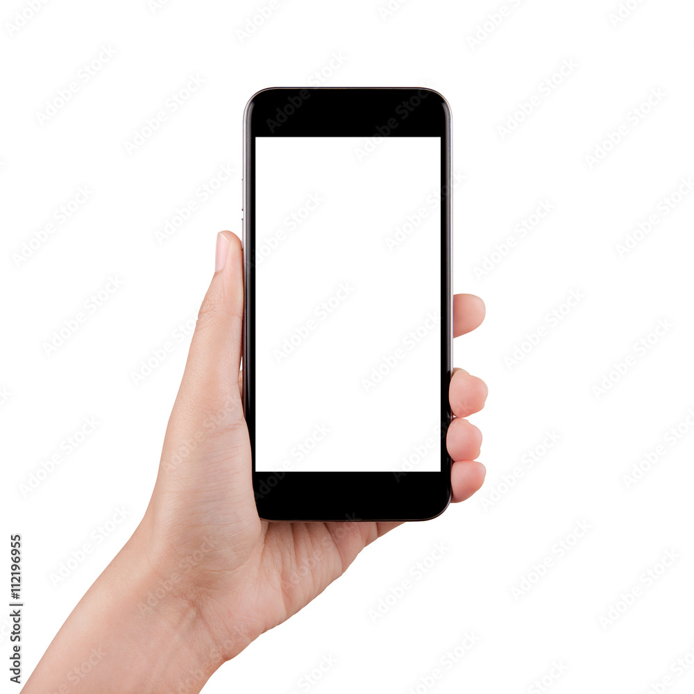 Isolated female hand holding a cellphone with white screen Isolated female hand holding a cellphone with white screen