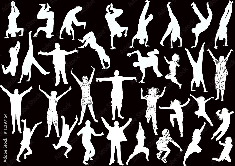 set of thirty two happy people white silhouettes