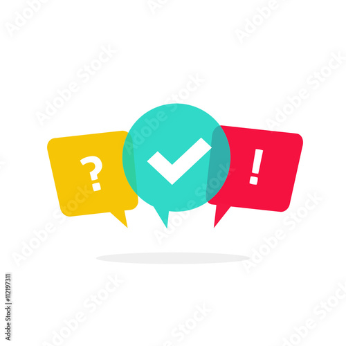 Quiz discuss poll vector logo, interrogate questionnaire icon sign, flat bubble speech symbols, concept of social communication, chatting interview, voting discussion, talk team dialog group chat