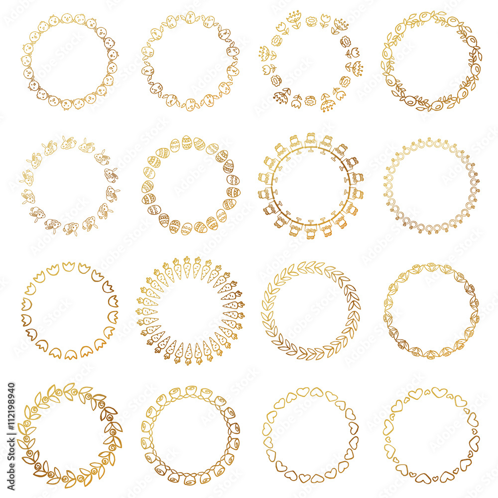 Round gold border frame with doodle flowers and animals. Can be used for decoration and design photo frame, menu, card, scrapbook, album. Vector Illustration Round gold border frame with doodle flowers and animals. Can be used for decoration and design photo frame, menu, card, scrapbook, album. Vector Illustration
