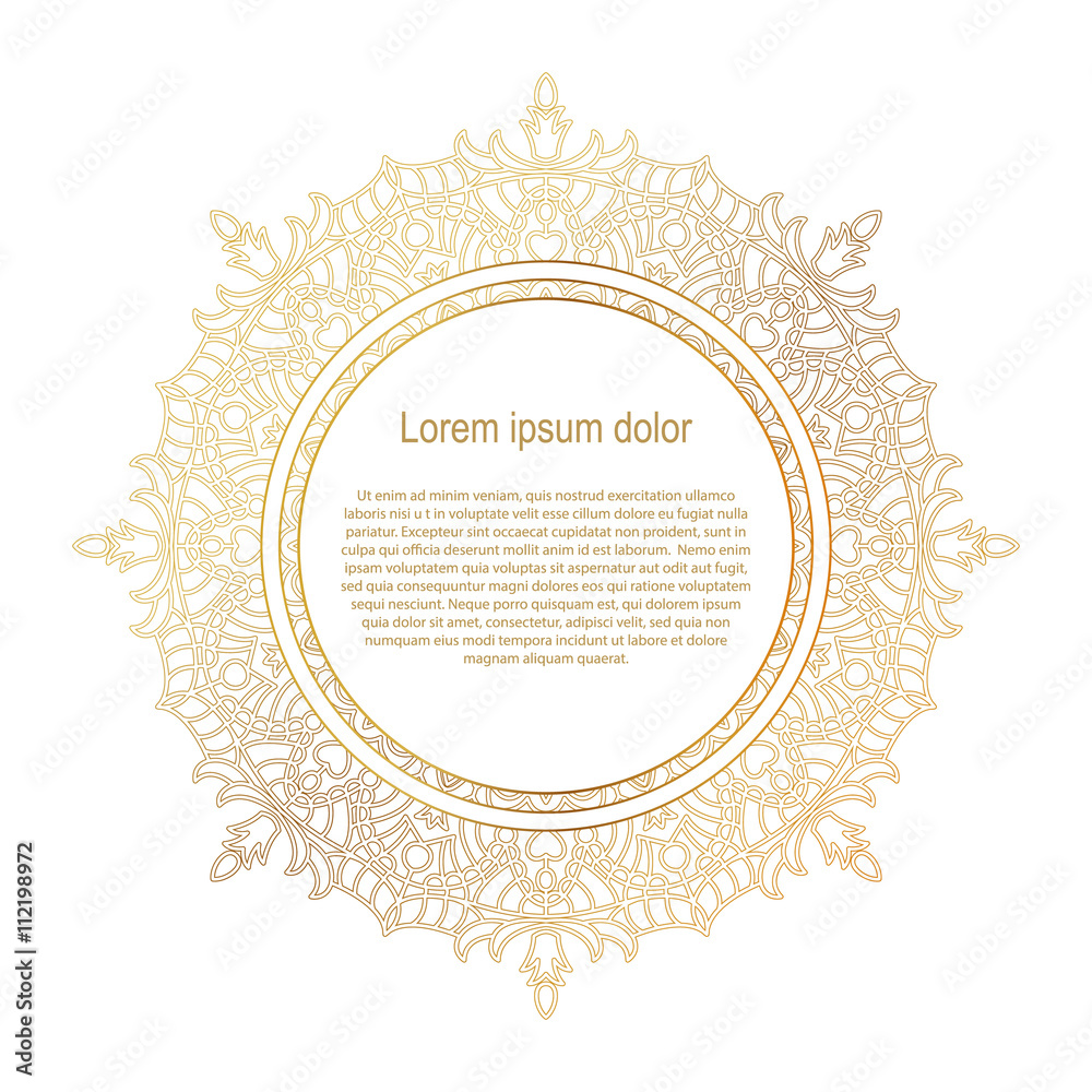 Round gold border frame. Mandala ornament. Can be used for decoration and design photo frame, menu, card, scrapbook, album. Vector Illustration. White background. Round gold border frame. Mandala ornament. Can be used for decoration and design photo frame, menu, card, scrapbook, album. Vector Illustration. White background.