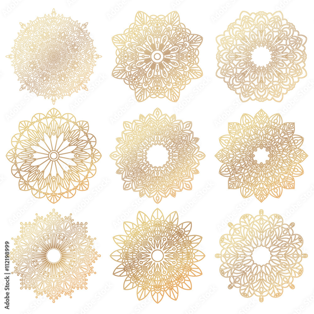 Set of gold mandalas. Geometric circle element made in a vector. It can be used for different type design, birthday and other holiday, color book, T-shirts, medallions, yoga, India, Arabic