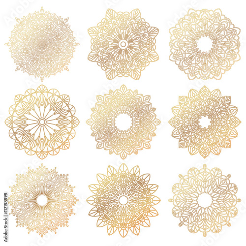 Set of gold mandalas. Geometric circle element made in a vector. It can be used for different type design, birthday and other holiday, color book, T-shirts, medallions, yoga, India, Arabic