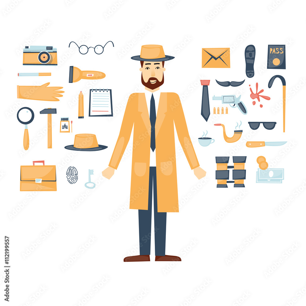 Detective character and icon set elements. Flat design vector. Detective character and icon set elements. Flat design vector.