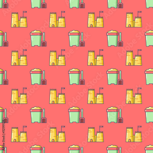 Seamless patterns with beach bucket and sand castle. Tourism and