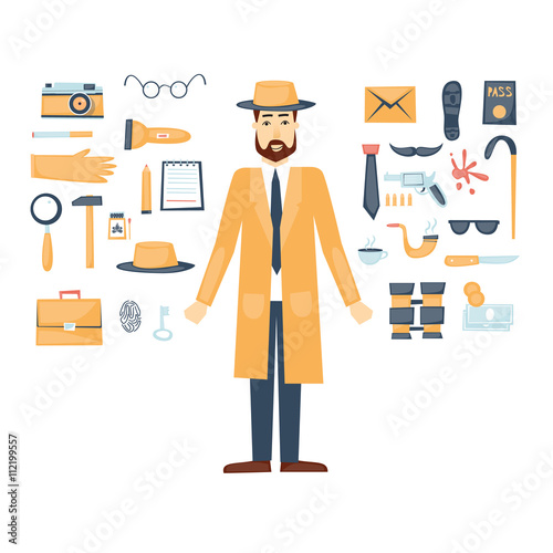 Detective character and icon set elements. Flat design vector.