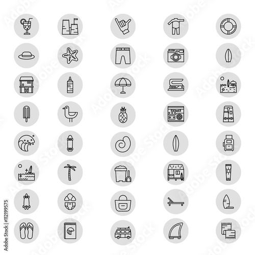 Summer and surfing items icons - surfboard, wakesurfing, longboa
