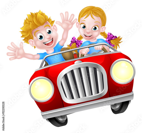 Cartoon Boy and Girl in Fast Car