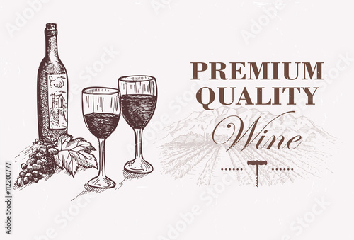 Hand drawn wine bottle and glasses on vineyard landscape