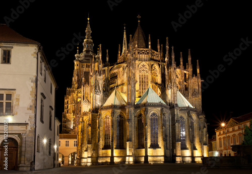 Cathedral of St.Vitus in "Prazsky hrad" in Prague. Night lighting of the Cathedral makes it particularly magnificent