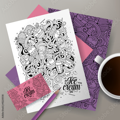 Cartoon line art vector doodles ice cream corporate identity