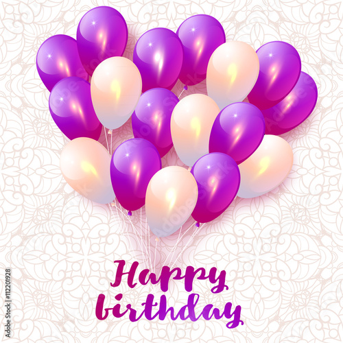 Happy birthday greeting card with balloons. Holiday joy positive anniversary celebrate greeting card concept. 3d balloons isolated on white background