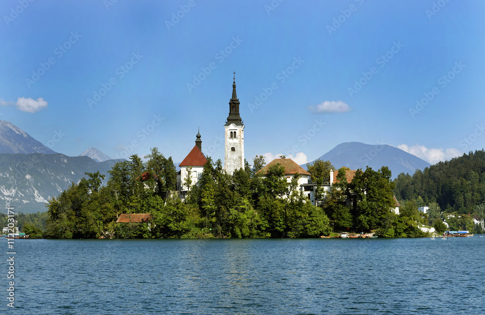 Lake Bled with St Marys church on the small island, Bled, Slovenia, Europe, sept.2015