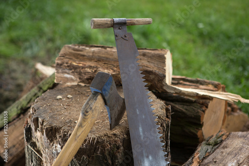 cutting trees for firewood, hand saw cutting 