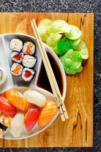 sushi Plate with Sushi Set nigiri and sushi rolls , maki, soy sa