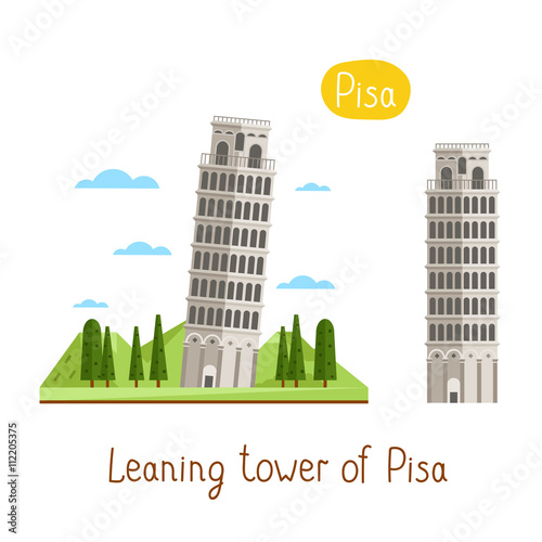 Leaning tower of Pisa. Famous world landmarks icon concept. Journey around the world. Tourism and vacation theme. Modern design flat vector illustration.