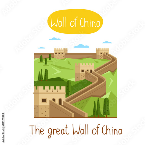 The Great Wall of China. Famous world landmarks icon concept. Journey around the world. Tourism and vacation theme. Modern design flat vector illustration.