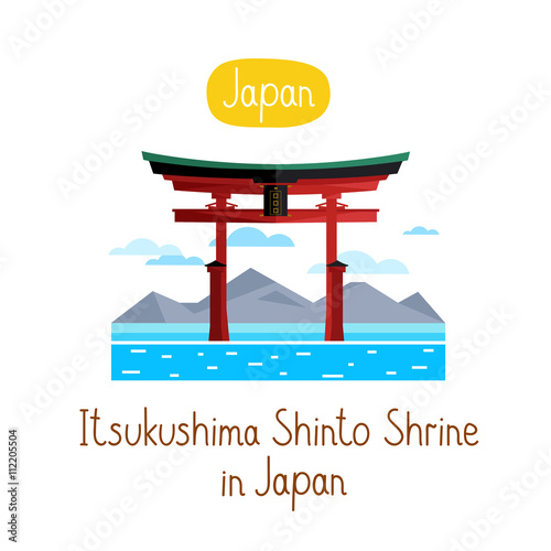 Itsukushima Shinto Shurine in Japan. Famous world landmarks icon concept. Journey around the world. Tourism and vacation theme. Modern design flat vector illustration.