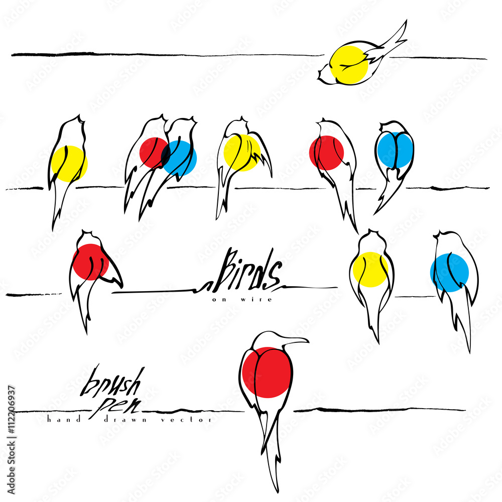 Birds on wire vector, various birds silhouettes made with ink pen ...