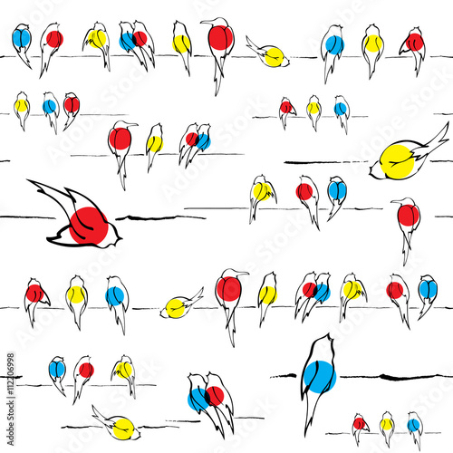 Birds on wire seamless pattern vector, various birds silhouettes made with ink pen, singing and chirping birds are marked with different colors. Spring background.