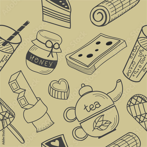 Seamless pattern: food and drink. Pencil drawing. Background