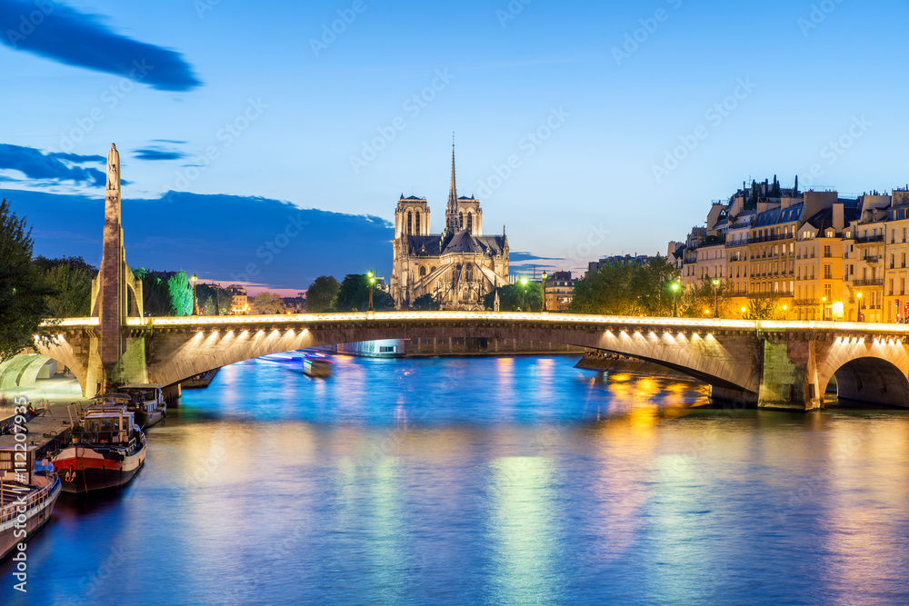 Cathedral of Notre Dame de Paris at sunset. Paris, France