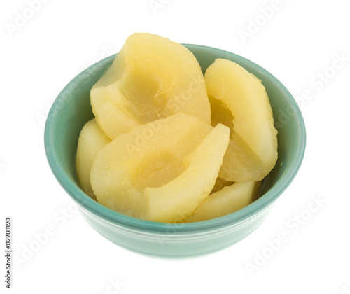 Canvas Print Side view of a bowl of pears halves isolated on a white background