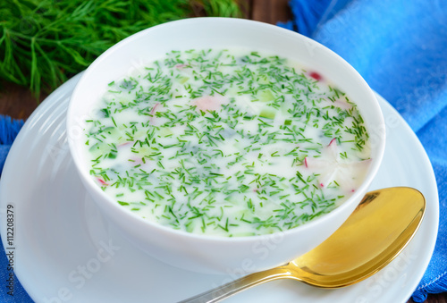 Slavic traditional dish - cold soup "Okroshka" on yogurt. Dietary refreshing dish.
