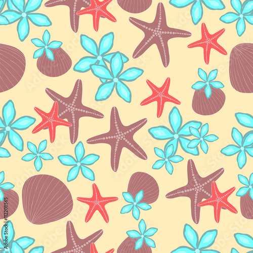 Beach seamless background. Starfish  seashells and flowers on the sand. Vector illustration.