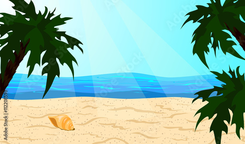 Fototapeta Naklejka Na Ścianę i Meble -  Oceanic coast. Beach and palm trees. Vector illustration.