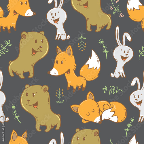 Seamless pattern with cute cartoon bears  foxes  hares and plants. Funny forest animals. Children s illustration. Vector image.