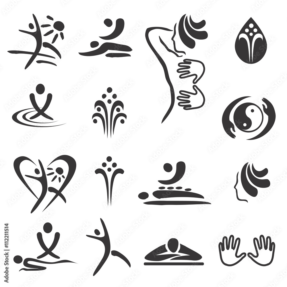 Spa massage icons. Set of black icons of spa and massage. Vector