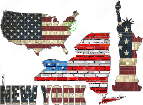 USA state of New York on a brick wall - Illustration,
Statue of liberty painted on brick wall,
Font with the United States flag, 
New York map on a brick wall