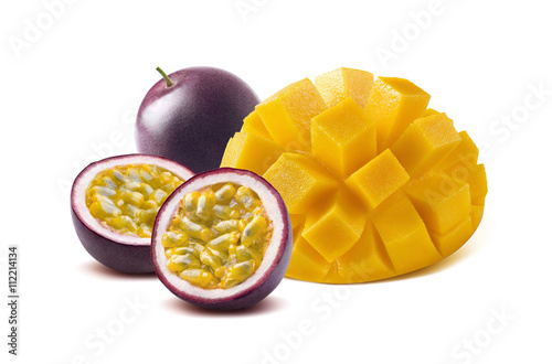 Mango cut maraquia passion fruit isolated on white background photo