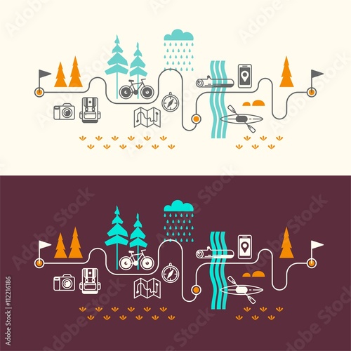 Summer vacation in nature. Vector concept illustrations with icons of travel and vacation.