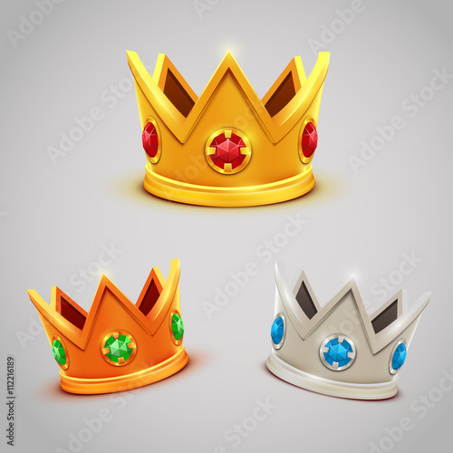 Set of gold silver bronze crowns with jewels