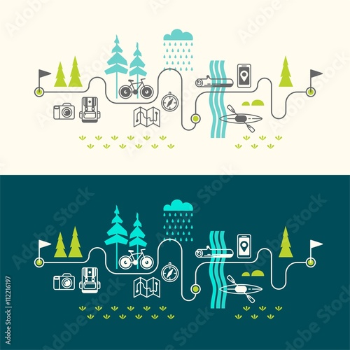 Summer vacation in nature. Vector concept illustrations with icons of travel and vacation.
