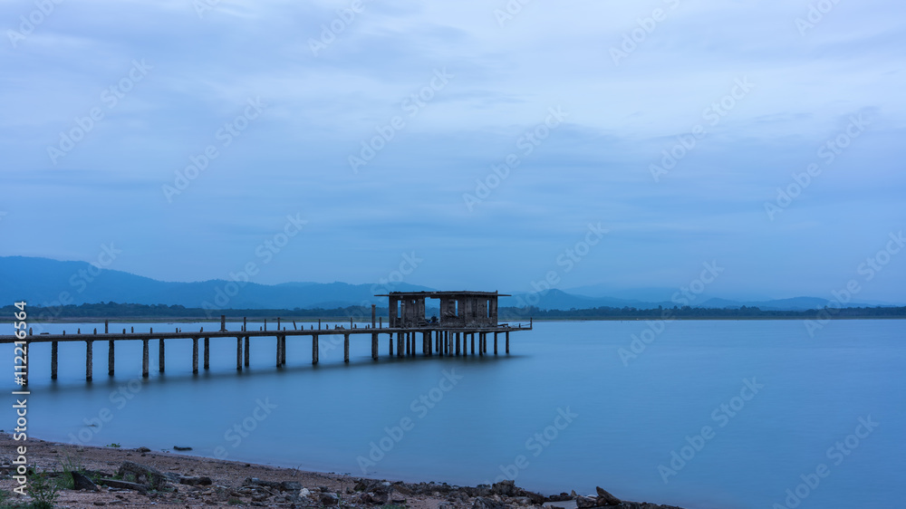 Long exposure of abandoned  bridge at Bang Phra Reservoir  in the evening , Si Racha District , Chonburi Province, Thailand