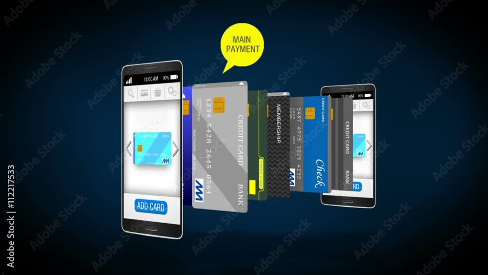 Credit card into smartphone, concept of mobile payment, select main mobile credit card.
