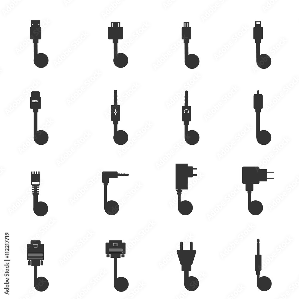 Naklejka premium Plug Wire Cable Computer icons set, Cable Plug Icon Vector Illustration
