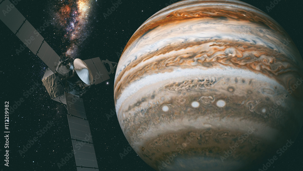 Obraz premium jupiter and satellite juno, 3D rendering Juno requires a five-year cruise to Jupiter, arriving around July 4, 2016. 
