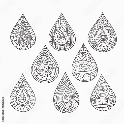 Set of hand-painted decorative, abstract, geometric drops. 
Vector graphics.
 Monochrome range.