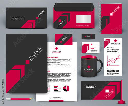 Wallpaper Mural Professional universal branding design kit with red arrow on black background. Corporate identity template.  Business stationery mockup with badge, folder, cup,  pennant, letter. Torontodigital.ca
