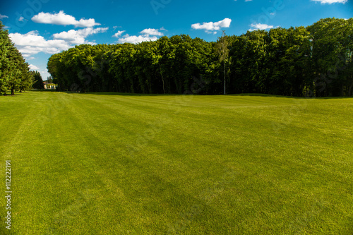 Green golf field and blue cloudy sky. European landscape. Nice nature and environment with blue sky and white clouds.