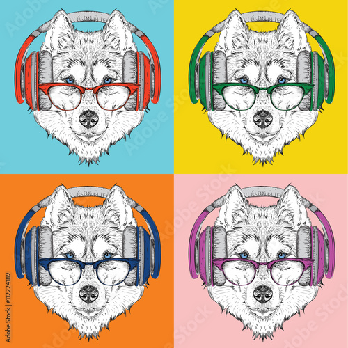 Image Portrait of Husky in headphones with glasses. Pop art style vector illustration.